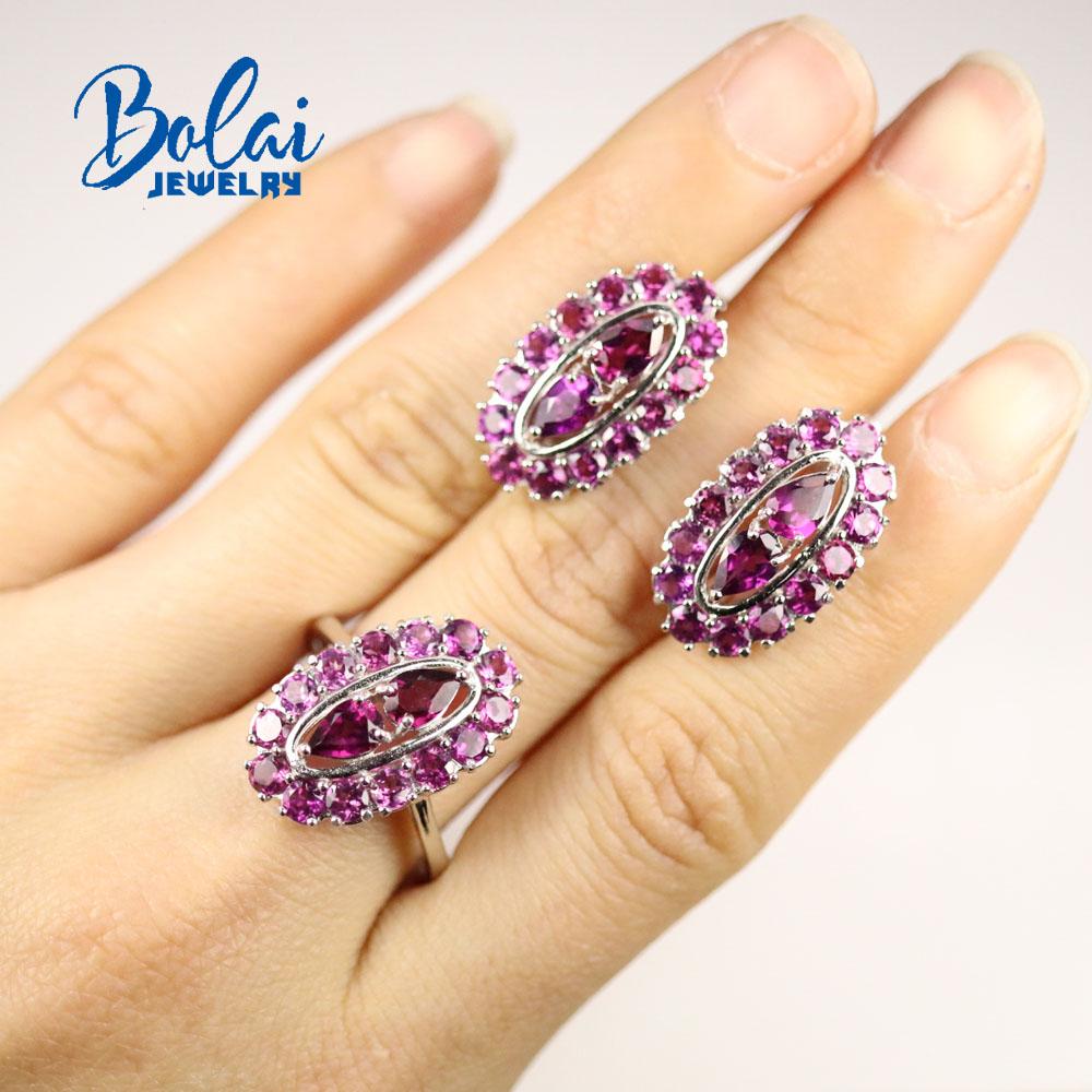Bolaijewelry 925 Sterling Silver Fashion Natural Rhodolite Ring and Earring Set,for Anniversary, Party Wear Fine Jewelry