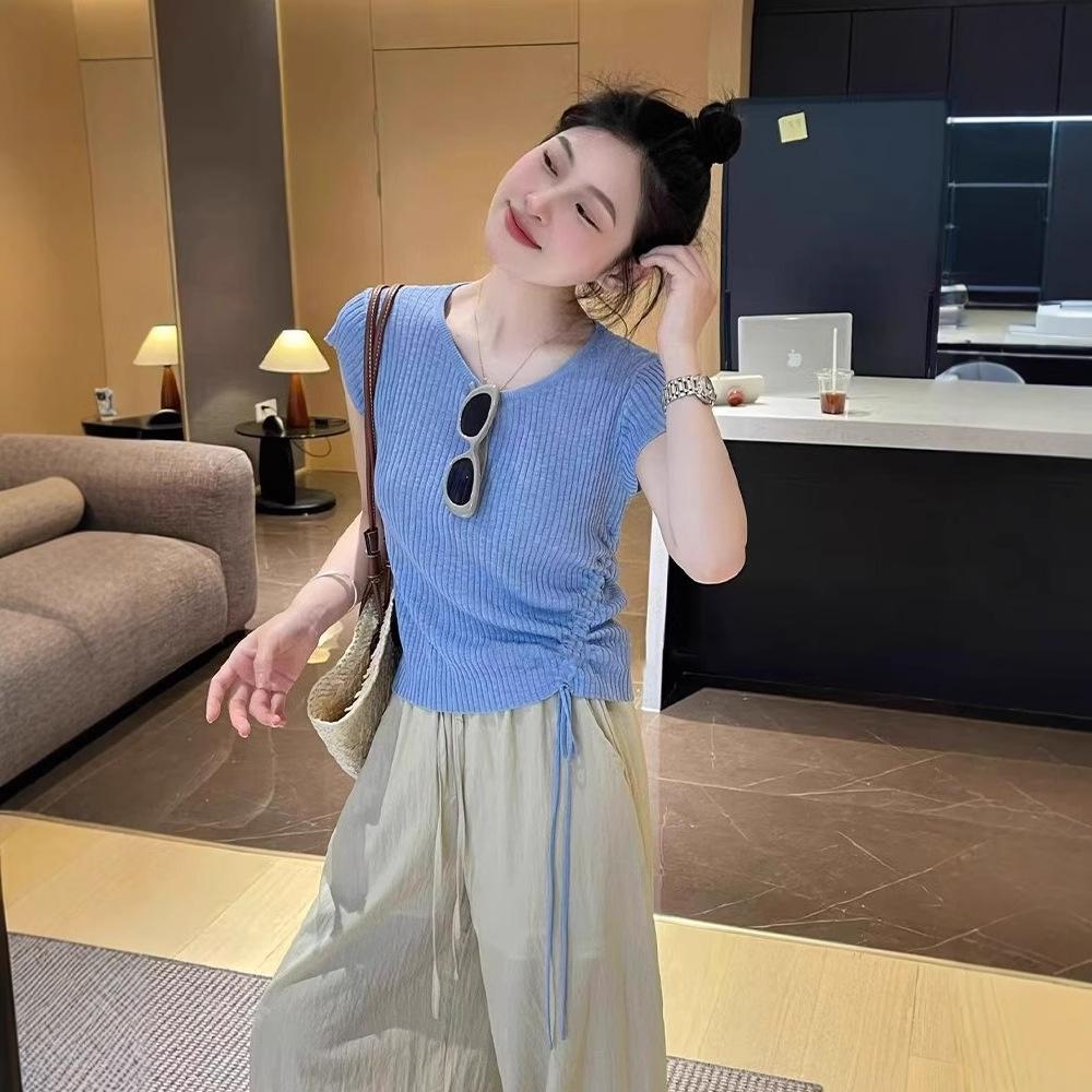 Chic Blue Flutter Sleeve Ice Silk Knitted Women's Summer Drawstring Top
