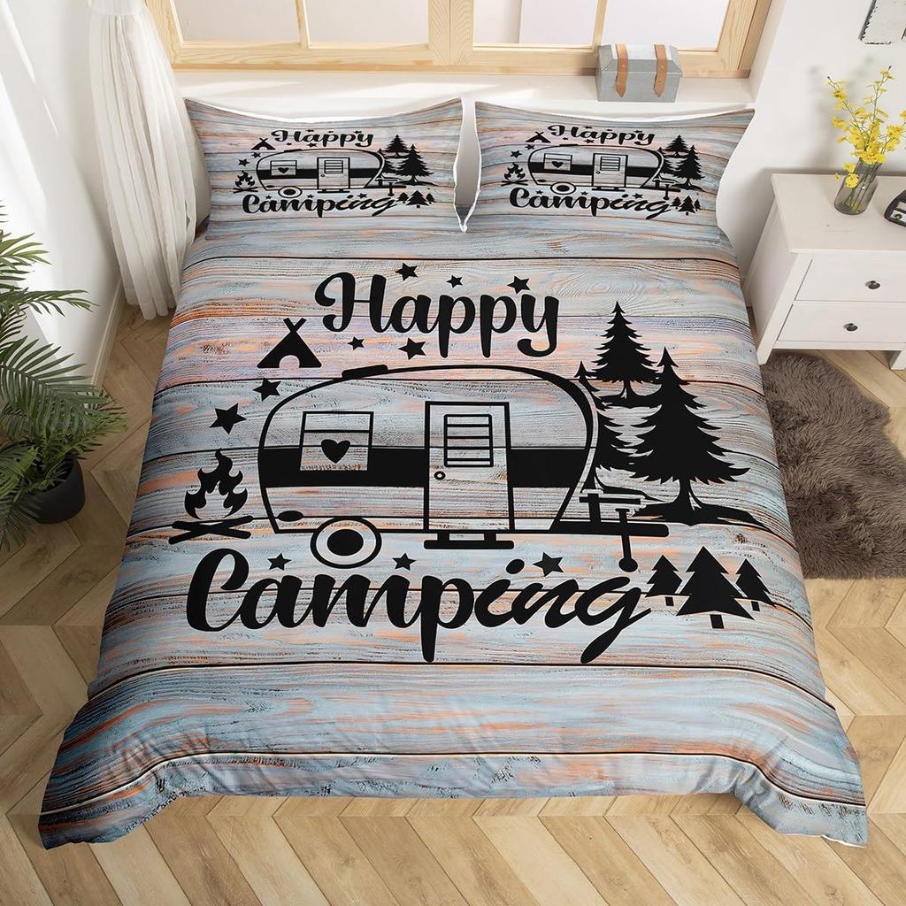 Happy Camping Duvet Cover Queen Twin Rv Camping Comforter Cover Camper Bedding Set Microfiber Bedspread Cover For Boys Girls