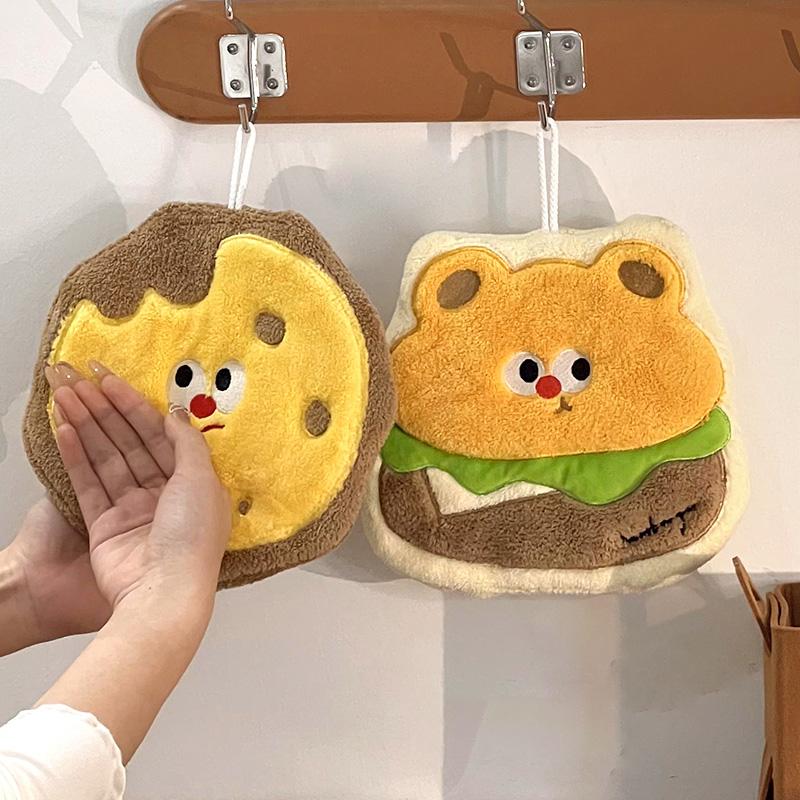Cartoon Hamburger Toast Hand Towel Absorbent Coral Velvet Washing Hand Cloth Kitchen Bathroom Hanging Children Towel Thickened