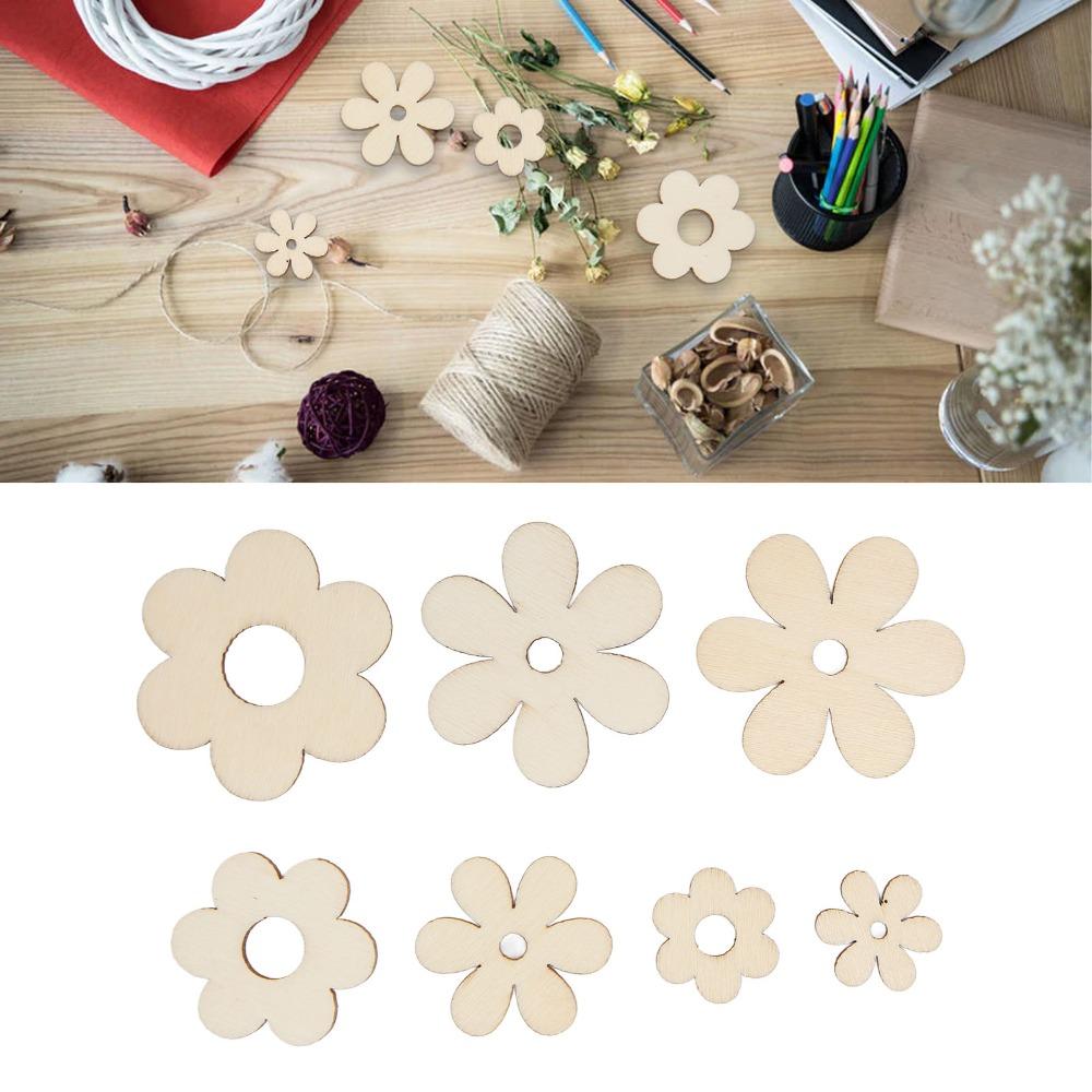 300Pcs Unfinished Surface Unfinished Wooden Cutouts Floral Wood Ornaments  For Scrapbooking