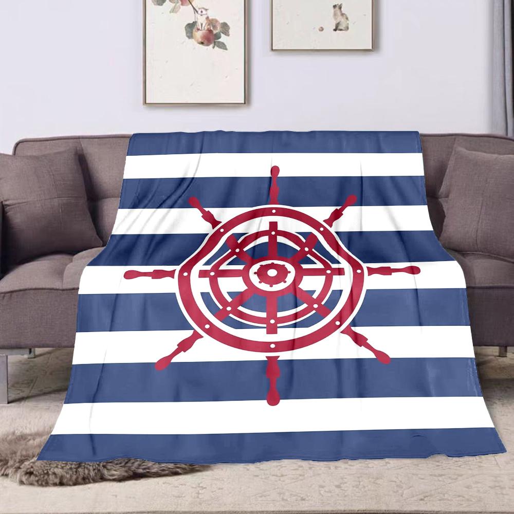 Nautical Steering Wheel on Stripes Patterned flannel blanket perfect for the bedroom living room, sofa, or a little nap