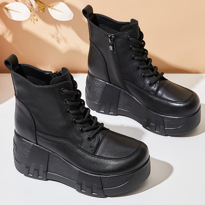 GKTINOO Retro Women Platform Boots Autumn Round Toe Genuine Leather Wedge Heel Ankle Boots Women Handmade Casual Shoes