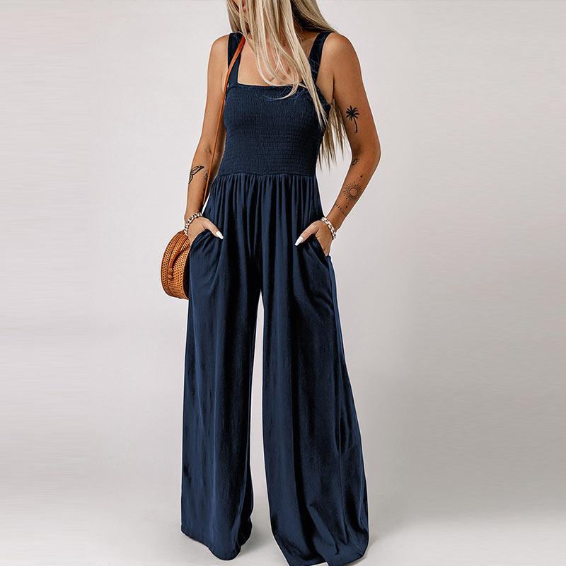 Women's Basic Simple High Waisted Knit Strapless Wide Leg Pants Pure Black One-piece Pants
