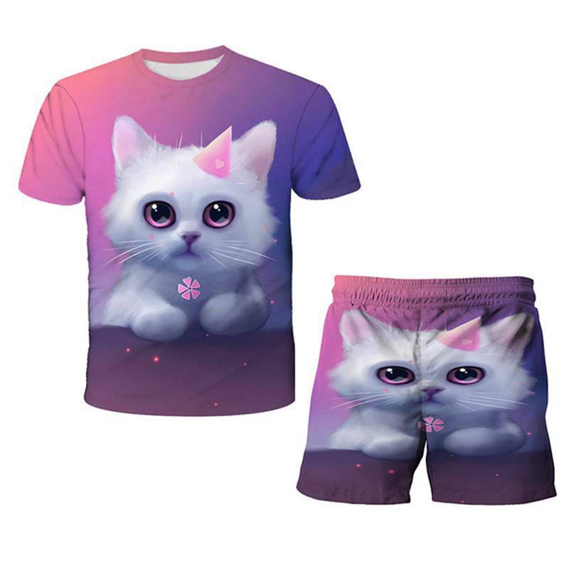 Повседневный комплект с принтом кота для девочек, летние модные шорты с короткими рукавами и принтом в виде мультфильма, комплекты одежды для девочек с 3D-принтом