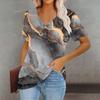 Women's Fashion V-Neck Classic Loose Big Barite 3D Print Casual Short Sleeve T-Shirt