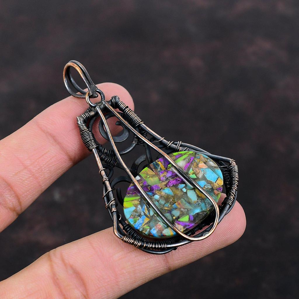 Кулон с бирюзой Кингман, обернутый медной проволокой, кулон с драгоценным камнем, многослойный кулон из меди и бирюзы, удивительные медные украшения, кулон ручной работы