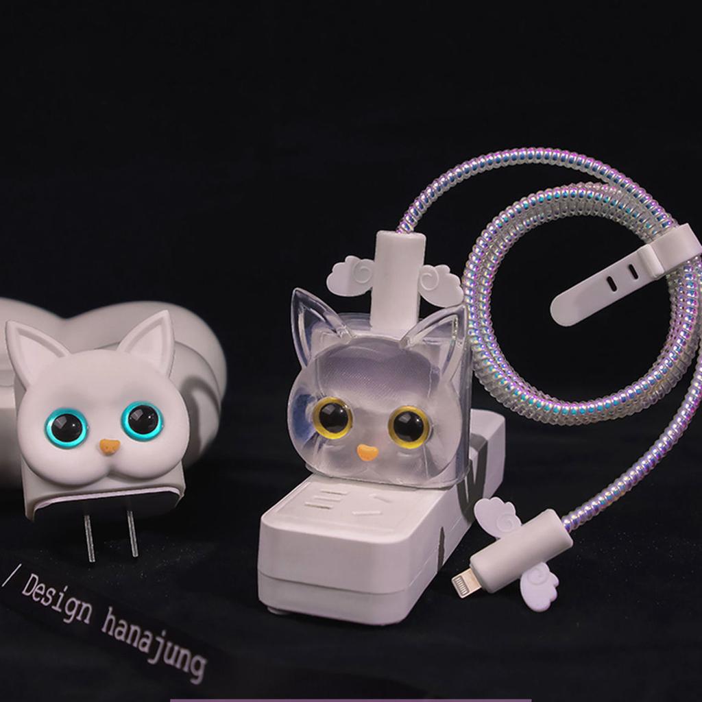 Cute Cat Cable Protector Cord Wire Cartoon Cat Protection Charger Protector Cover Soft Siliconer Charging Cable Charging Case Set for Phone Charger