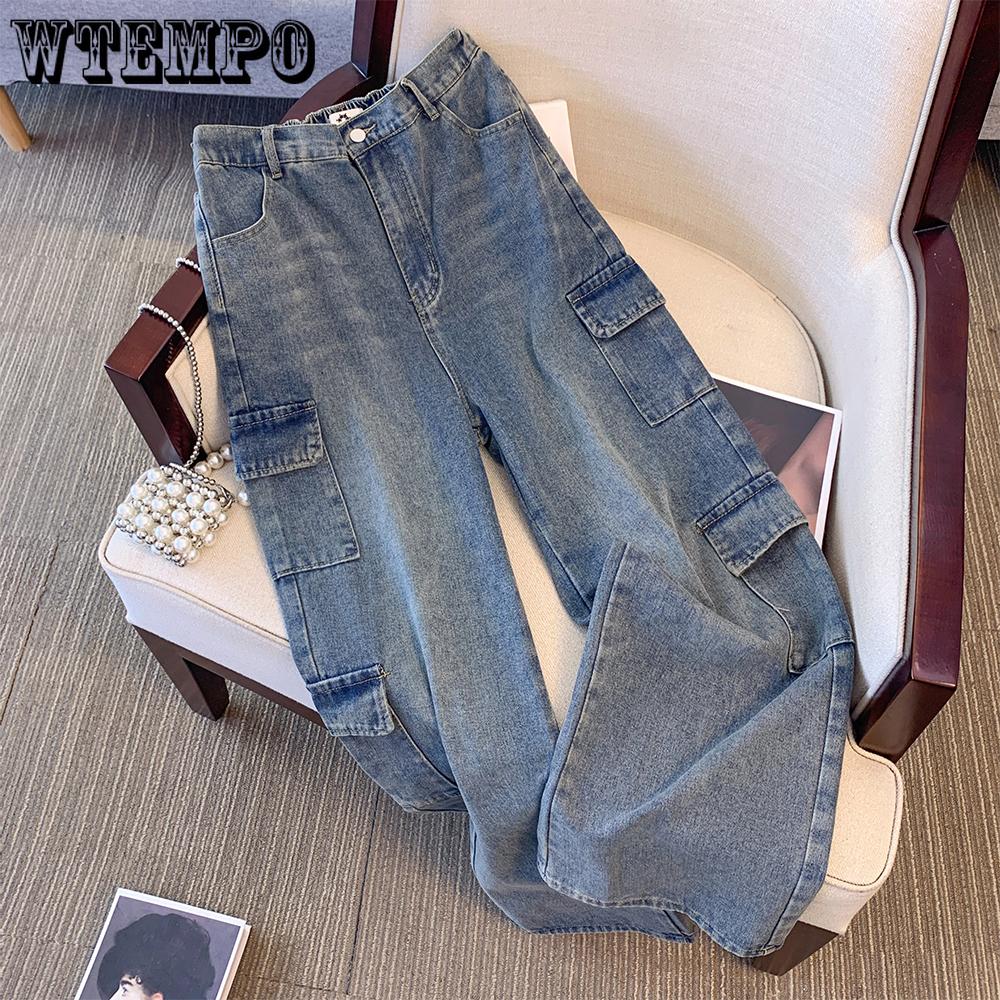 Plus Size Women's Fall Casual Denim Pants Blue Washed Denim Fabric Multi-pocket Cargo Pants Loose and Comfortable Commute