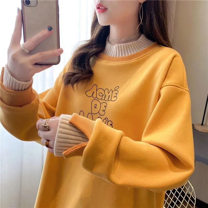 Sweatshirt Women Autumn Thickened Warm Loose Fake Two Piece Tops Half High Neck Hoodless Pullover Top