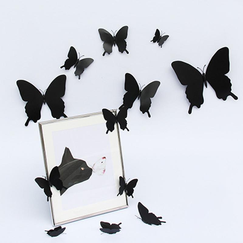 12Pcs/Set 3D Black Pteris Butterfly Wall Sticker Butterflies Magnet Stickers