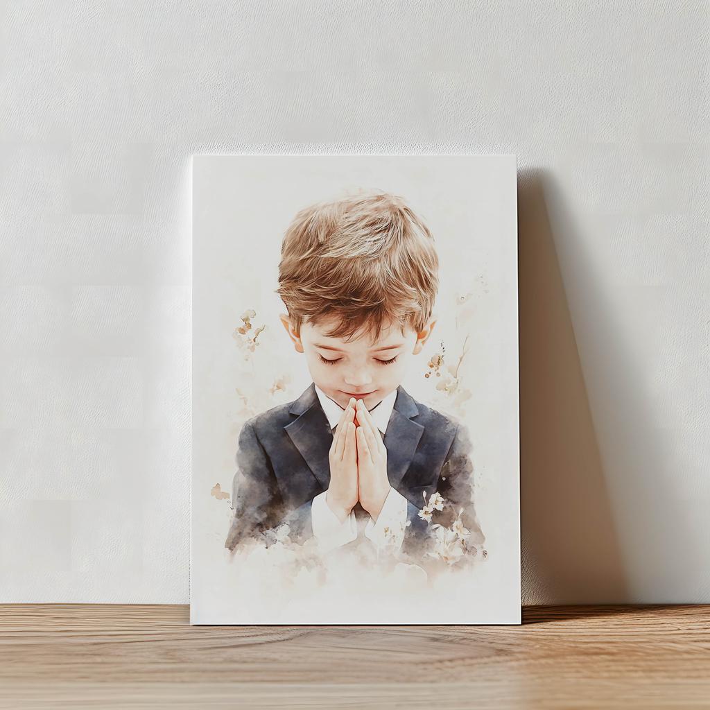 Pierwsza Komunia Święta - Modlący Się Chłopiec Pierwsza Komunia Święta - Modlący Się Chłopiec, 40X50 Cm, Rama Aluminiowa Złota, Papier Matowy 230 Gsm