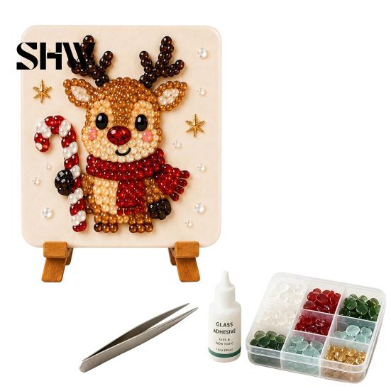 Family Activity Kit Christmas Mosaic Art Kit, DIY Sea Glass Santa Creative Leisure Projects Reindeer Artwork Craft for Home Decor, Handmade