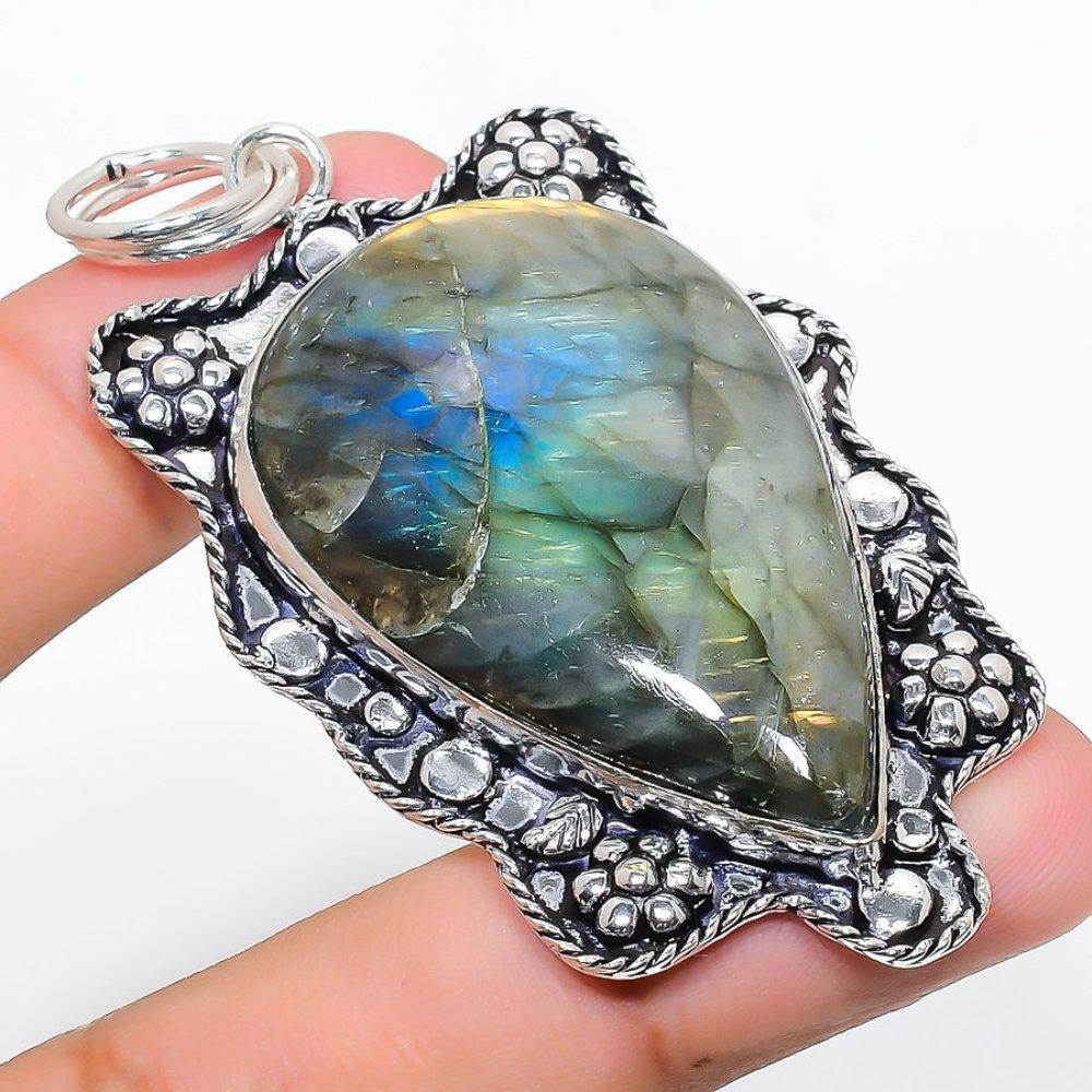 Labradorite Gemstone Handmade 925 Sterling Silver Jewelry Pendant 2.84" G5j44