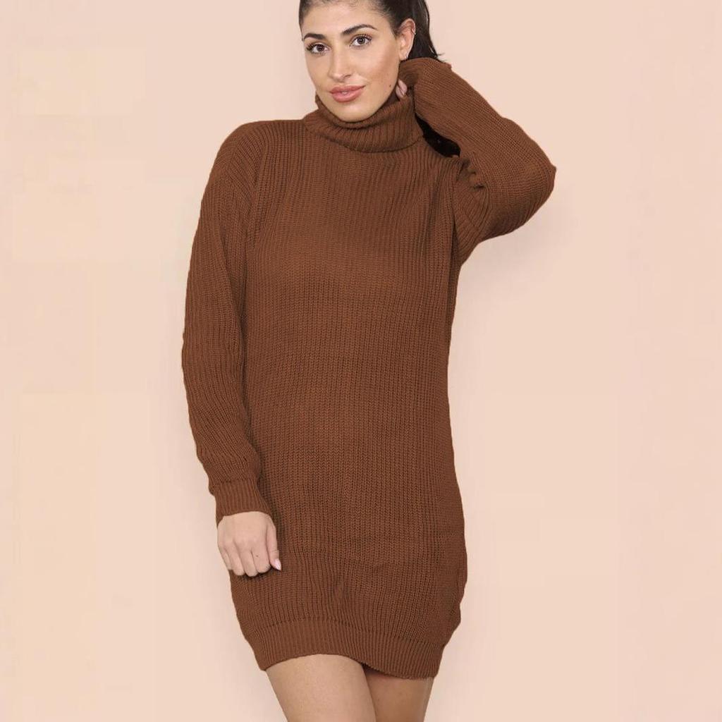 Women's Knitted Turn-Down Collar Sweater Dress - Loose Mid-Length Solid Color Pullover