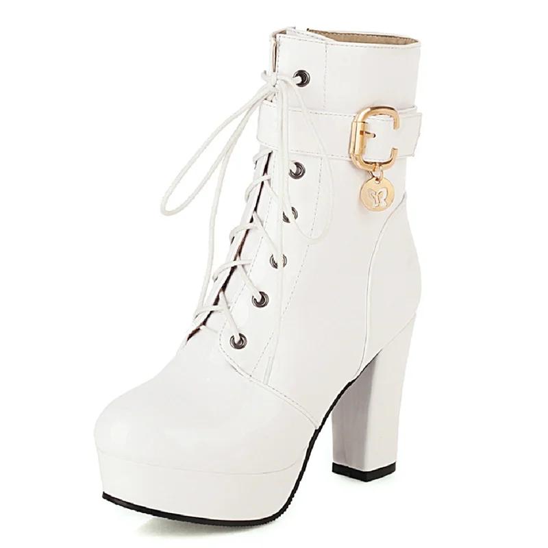 Lace Up Women‘s Ankle Boots Platform Fashion Heels Short Boot Female Leather Black Red White Fetish Party Dance Shoes Large Size