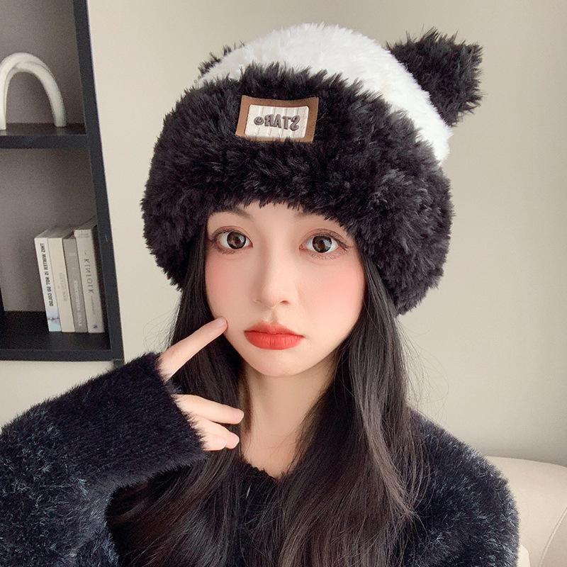 Cute Cat Ear Plush Hat for Women New Winter Warm Big Head Circumference Knitted Hat Versatile Ear Protection Wool Hat