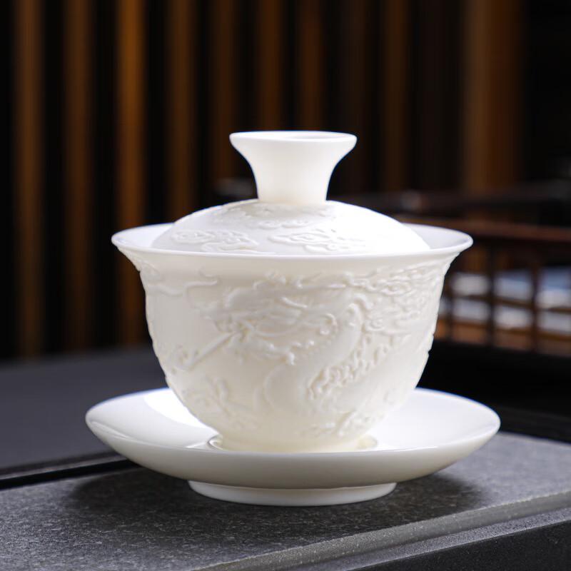 Mutton Fat Jade Style Embossed White Porcelain Gaiwan Tea Set