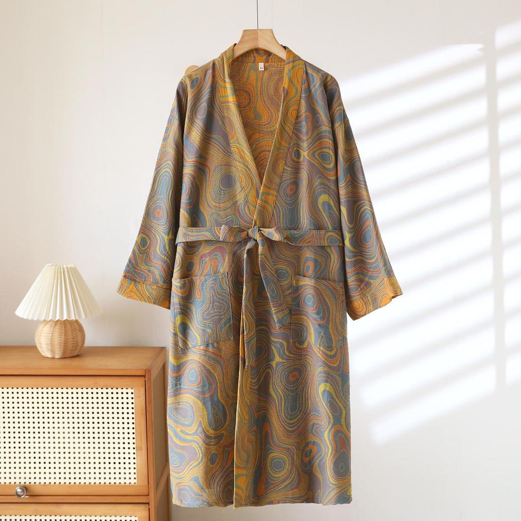 Женская юката из жаккардового хлопка в стиле ретро: Легкая ночная рубашка и пижама в стиле кимоно на весну/осень.