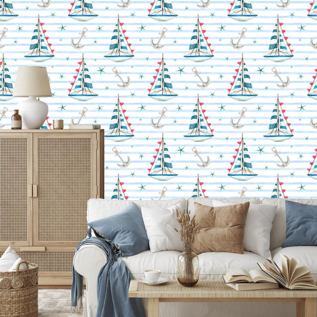 Sailboats wallpaper in watercolor style for living room and bedroom 50x1000