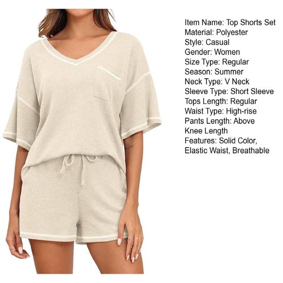 2 шт./компл. женский топ с шортами, комплект трикотажной вафельной текстуры с короткими рукавами, V-образным вырезом, дышащий, свободный, на шнурке, с эластичной резинкой на талии, домашняя одежда, спортивная одежда, лето