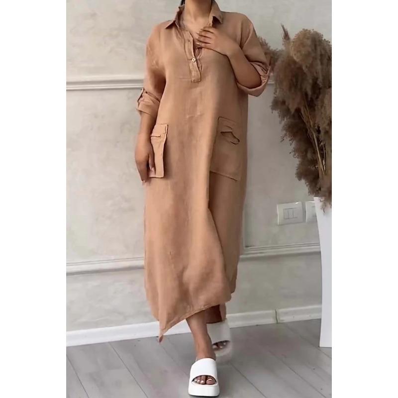 Весенне-осеннее женское платье больших размеров, однотонное, повседневное, длинные платья с карманами и лацканами
