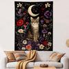 Gothic Tabby Cat Crescent Moon Wildflowers Mushrooms Wall Tapestry Mystic Floral Decor for Bedroom Dorm