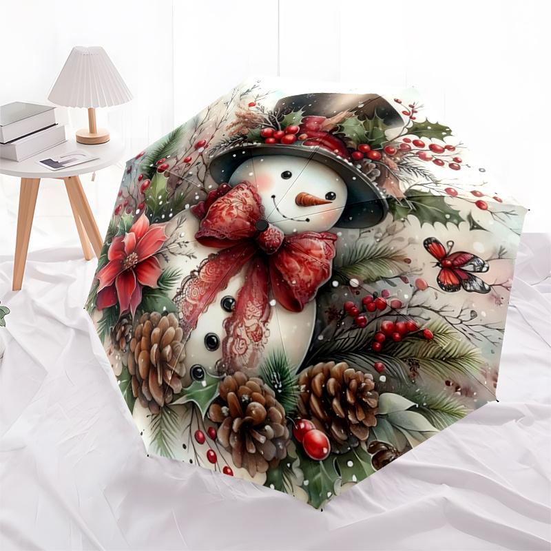 1pc Christmas Snowman Automatic Practical Umbrella Design, Cute Cartoon Pattern, Portable Outdoor Umbrella, Perfect A022