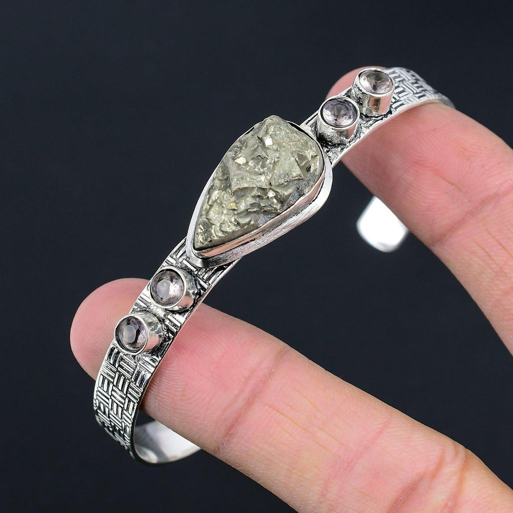 Подарок для нее Браслет из стерлингового серебра 925 пробы с натуральным пиритом друзой, регулируемый