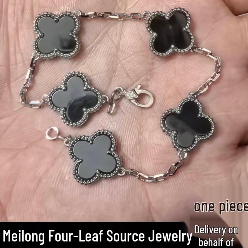 Браслет Van Family V Gold Четырехлистник, Позолоченный 18 карат с двусторонней черной перламутровой вставкой, Роскошный женский аксессуар