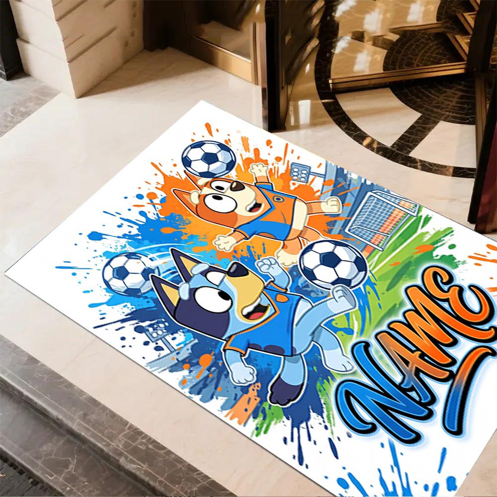 Bluey Soccer Adventure Customizable Name Floor Rug Office Rug Suitable for Balcony Entryway Decorate room Outdoor Antislip Carpet Anime Office Decor