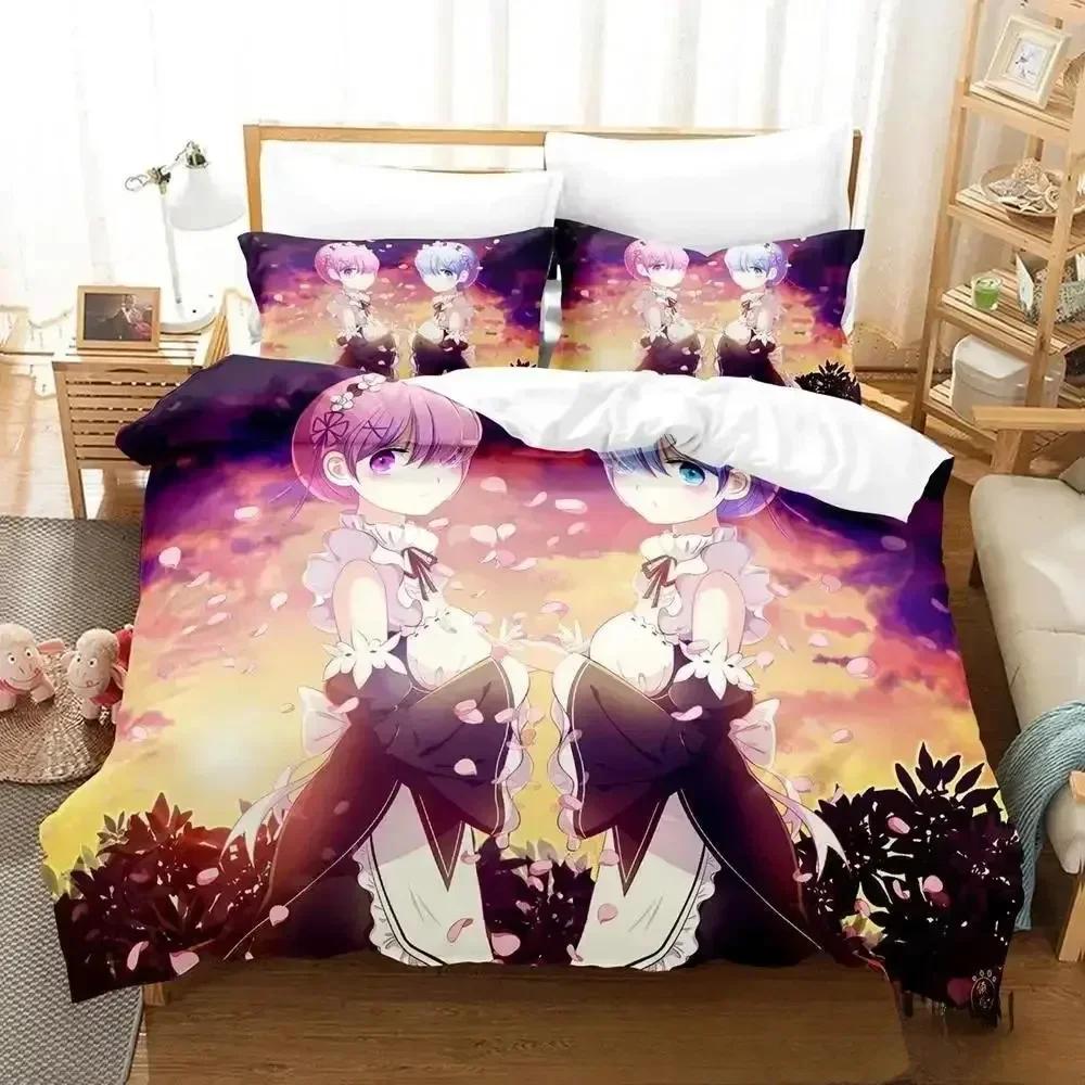 Comforter 3D Anime Re Zero Rem Ram Emilia Bedding Set Bed Set Comforter King Queen Size Boys Adult
