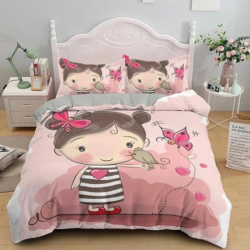 Cartoon Girly Watercolor Fashion Printed Bed Set Duvet Cover Pillowcase Bedding Set Linen Sheet Quilt Cover Full Queen King Size