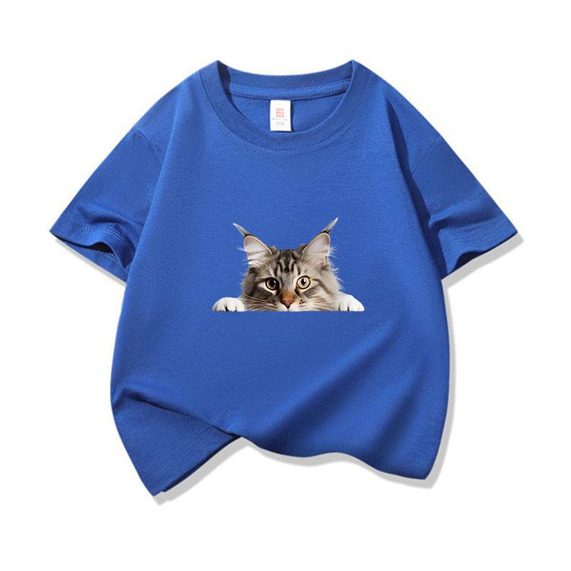 Kids Cotton T Shirt Peeking Maine Cat Pattern Print Crew Neck Short Sleeve Tee Casual Breathable Boys Girls Summer Tops