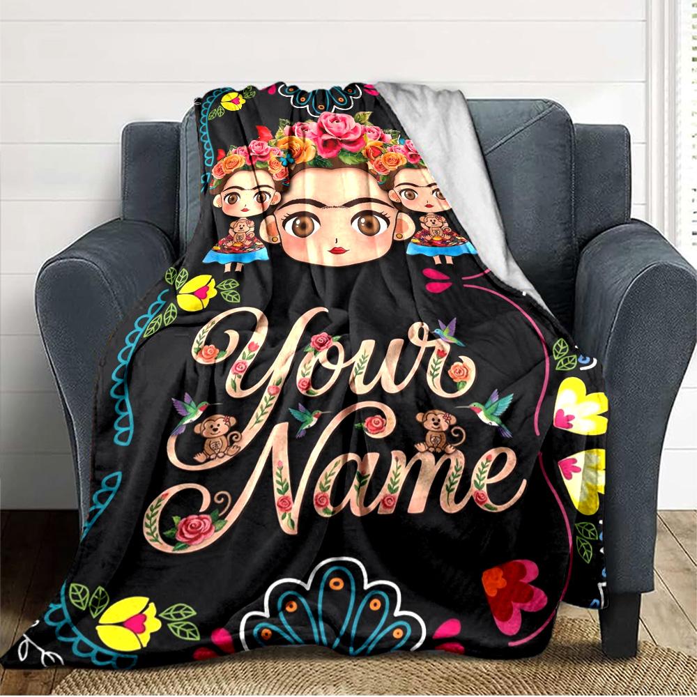 Name Custom Frida Kahlo Print Flannel Blanket High Quality Warm Comfortable Cover for All Seasons Perfect for Gifts Home Decor