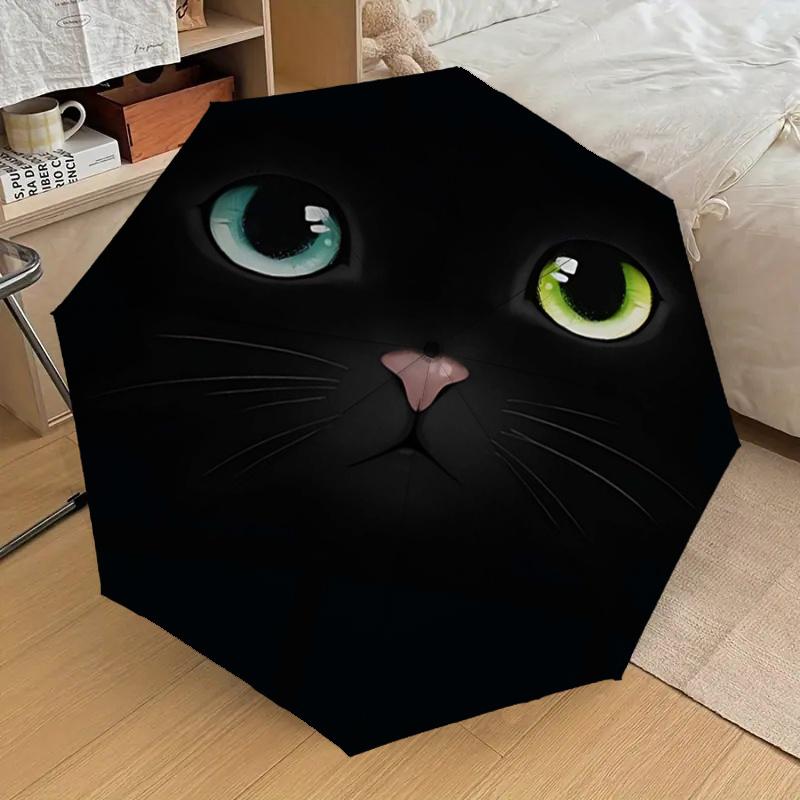 Black Cat Face with Green Eyes: Automatic Opening/Closing Umbrella, Foldable Design, Outdoor, Ideal Gift for Fans, Travelers, Daily Use, Fes