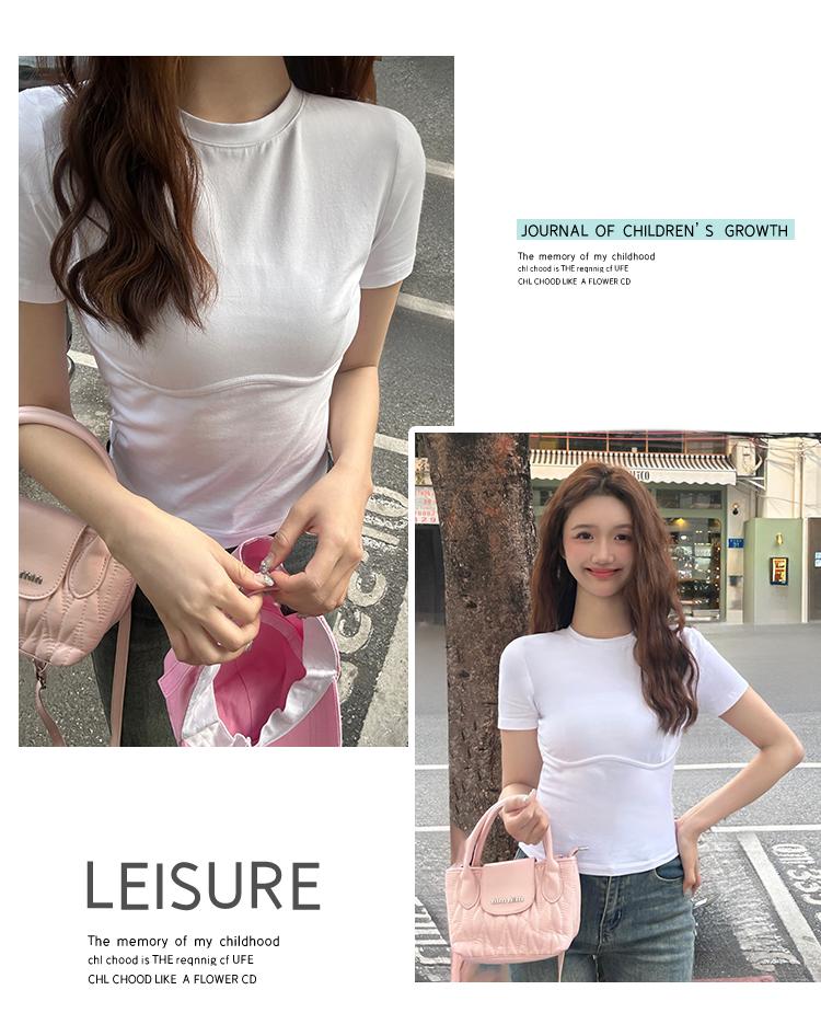 Summer new white short sleeved avatar short style slim fit high waist pure cotton tight fitting round neck shoulder white TJS