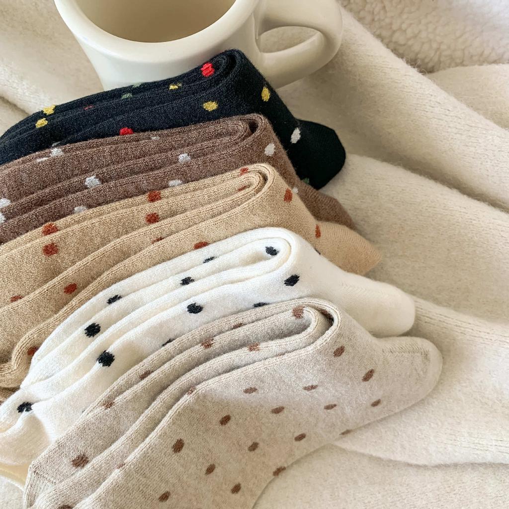 Wool Socks Women Autumn and Winter Thick Warm Middle-tube Socks Polka Dot Japanese Kawaii Cute Thermal Long Socks