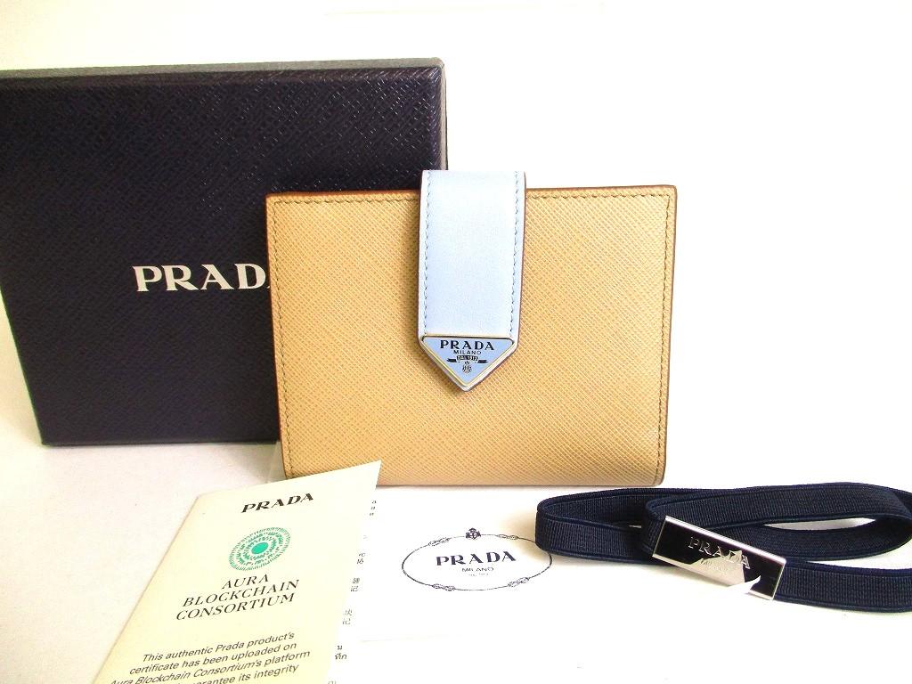 Authentic PRADA Sand Light Blue Leather Small Saffiano and smooth leather wallet #a066 Open box