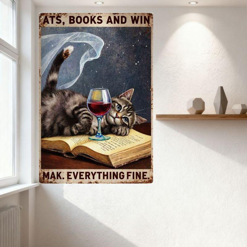 Винтажная металлическая вывеска «Кошки, Книги и Вино», Серая полосатая кошка на старой книге с бокалом вина, Жестяной плакат, Декор для стены из состаренного ржавого металла f
