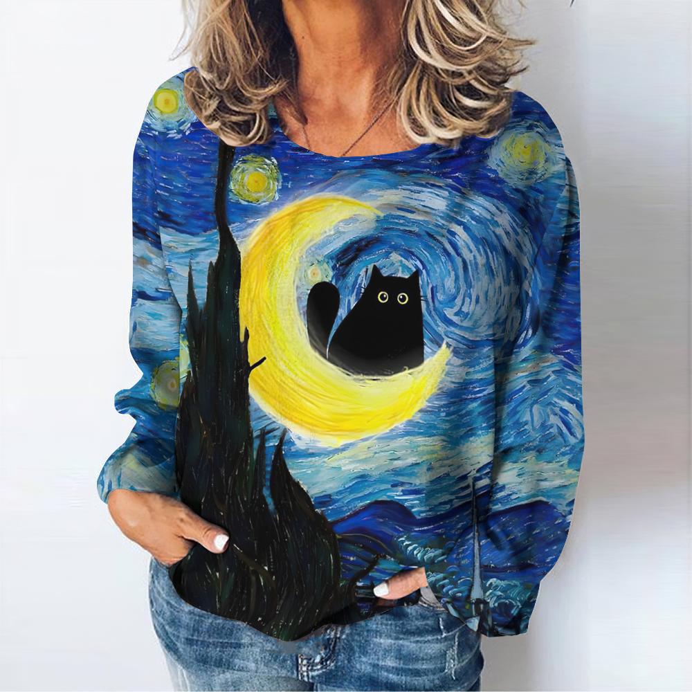 Harajuku Vintage женские футболки женская одежда цветы кошка принт длинные рукава футболка повседневный свободный топ пуловер осень / зима