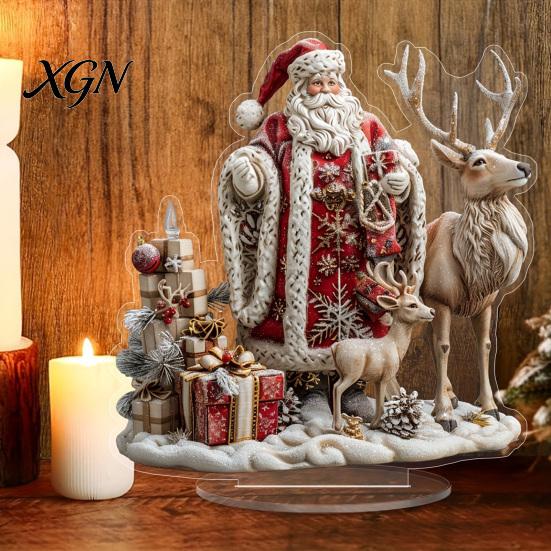 Retro Xmas Fairy Tale Scene Christmas Santa Claus Ornament, Reindeer Acrylic Decoration, Indoor Holiday Ornament Display Double Sided Desktop