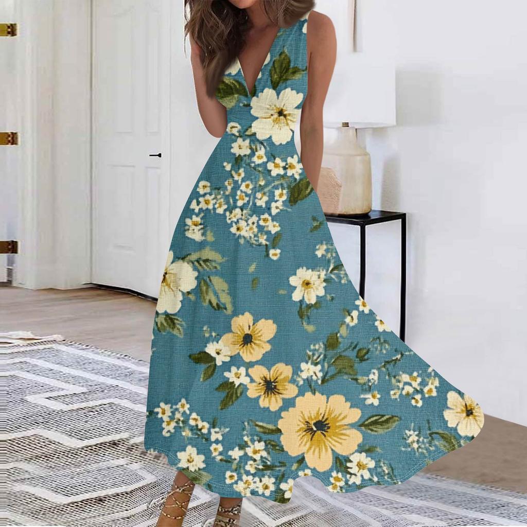 Женские модные повседневные свободные платья с V-образным вырезом без рукавов с принтом