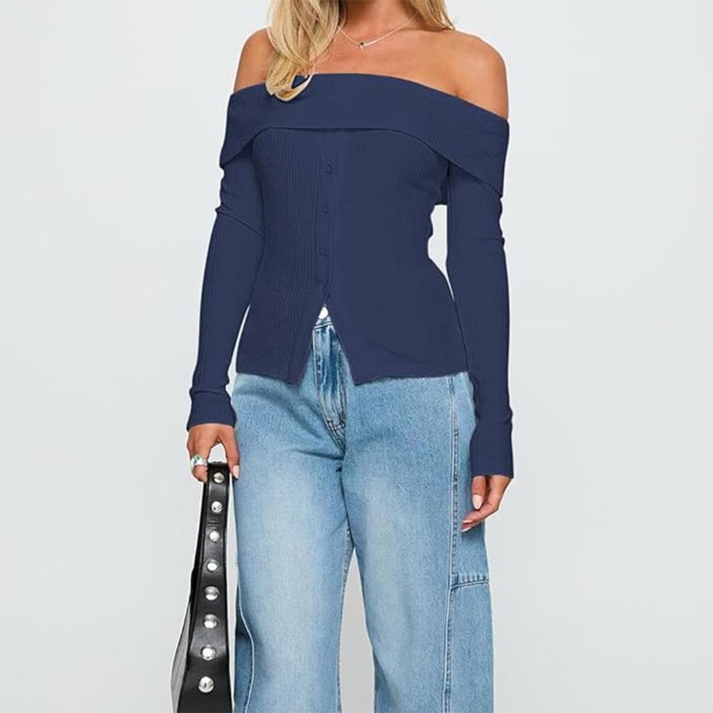 Women Y2k Off Shoulder Button Up Ribbed Knit Sweater Vintage Slim Fit Long Sleeve Foldover Pullover Top