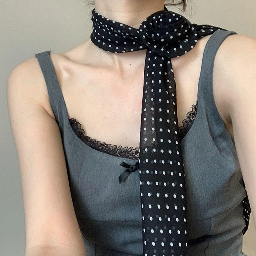 Wrap Polka Dot Scarves Bow Ties Collar Flower Decoration All-match Long Silk Scarf Female