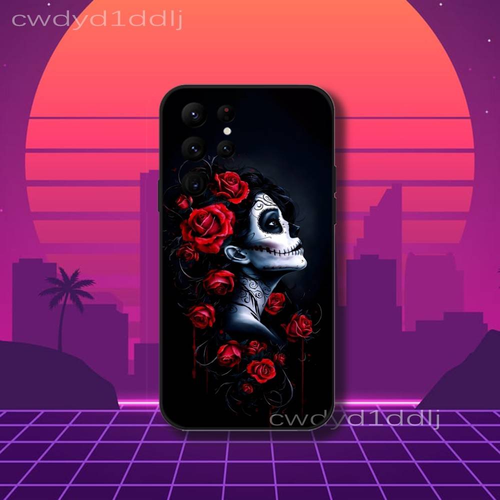 Mexican Catrina Skull Girls Phone Case For Samsung S10,S21,FE,S21 ,S26,S25,S24,S23,Ultra,S9,S22,Plus Black Shockproof Silicone