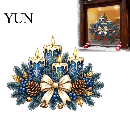Elegant Christmas Shop Decor Candle Static Glass Stickers, Removable Window Cling with Bow Pinecone And Pine Indoor Outdoor Branch Pattern,