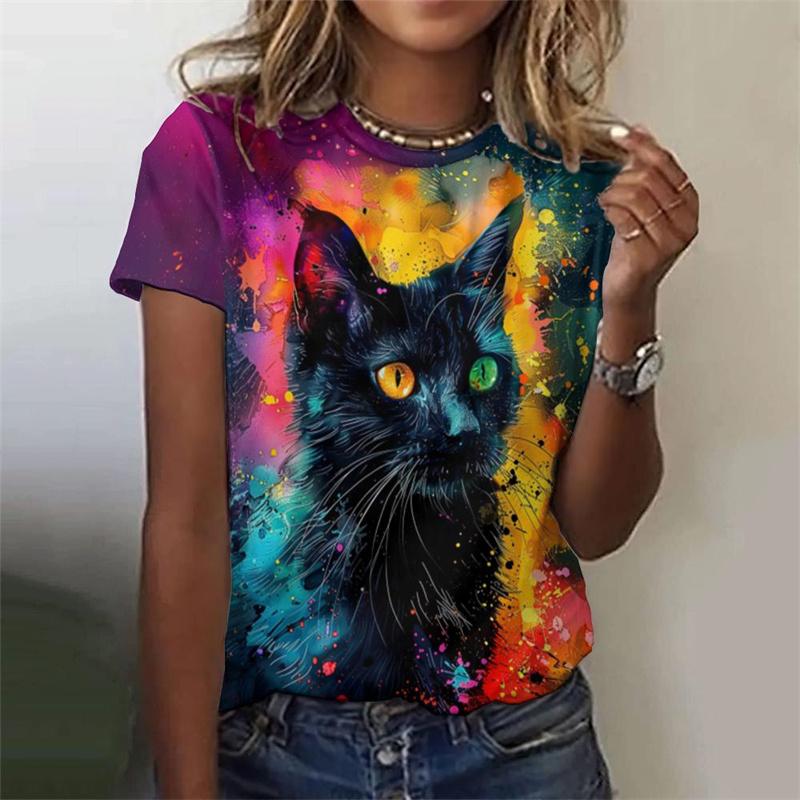 Футболка с цветочным узором и рисунком кошки для женщин, красочные футболки с 3D-принтом в виде животных, летние модные уличные футболки с круглым вырезом, короткие рукава