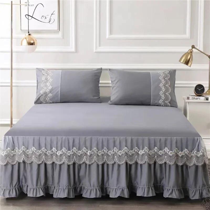 3pcs Bed Skirt Set with Ruffle Lace Anti Slip 1 8x2 0m Bed Cover Solid Mattress Dust Cover Pillowcase