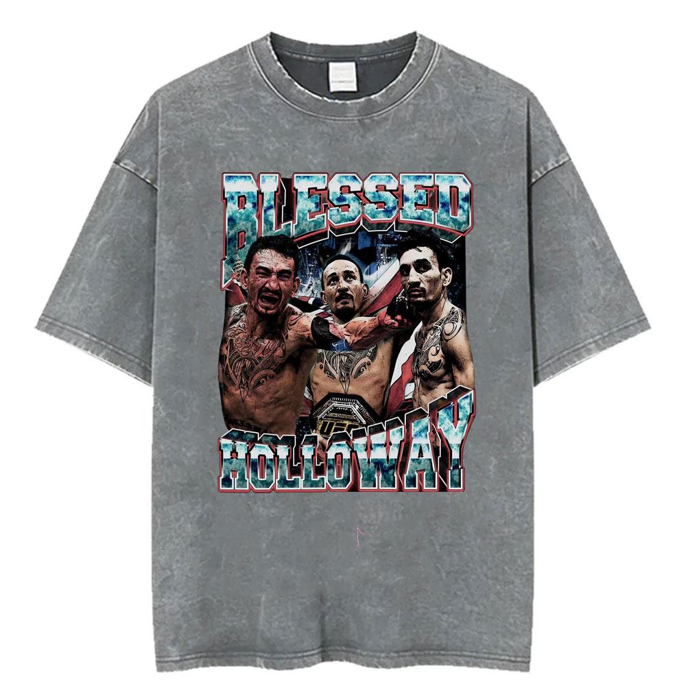 Ограниченная серия Мужские и женские футболки Max Holloway Blessed Retro Washed Мужские и женские Эстетика насилия Оверсайз футболка Летние топы Уличная одежда Футболка